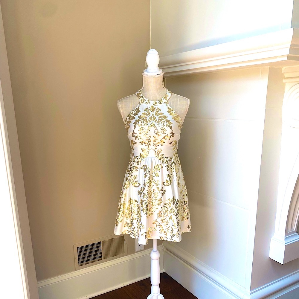 Juniors halter dress cream and gold homecoming dress